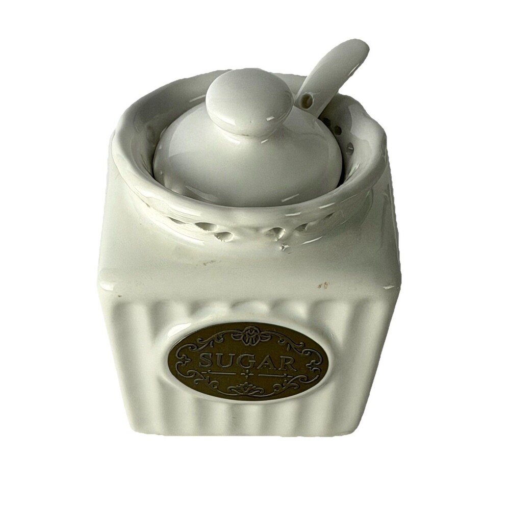 THL French Country Sugar Bowl with Lid and Spoon, White Ceramic Bronze Medallion